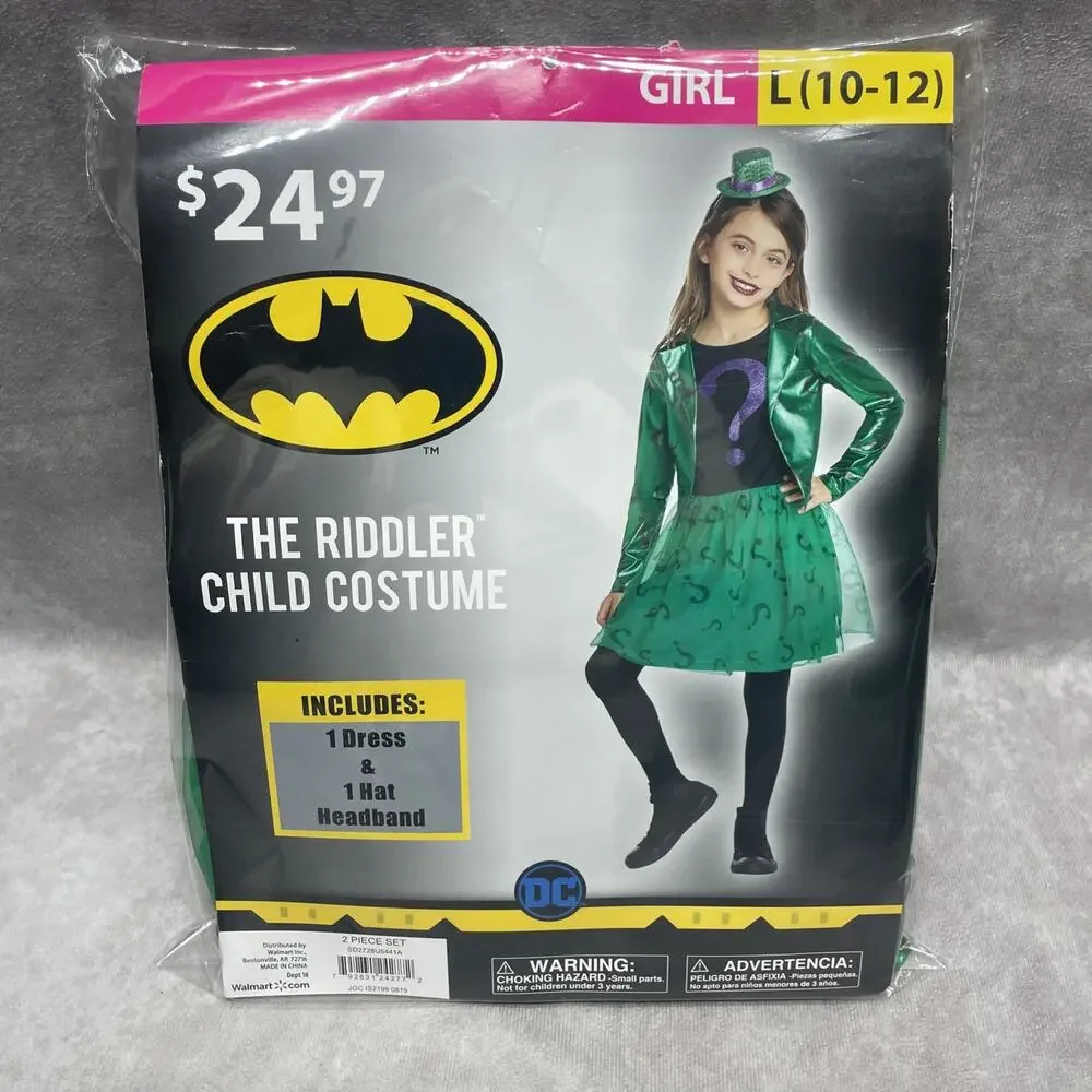 DC The Riddler Child Costume Dress w/Hat Headband Girl Size 10/12 NWT Halloween